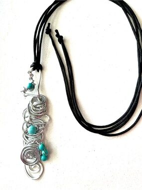 Handmade Turquoise Bead Silver AluminumWire Organic Design Necklace - Black Cord